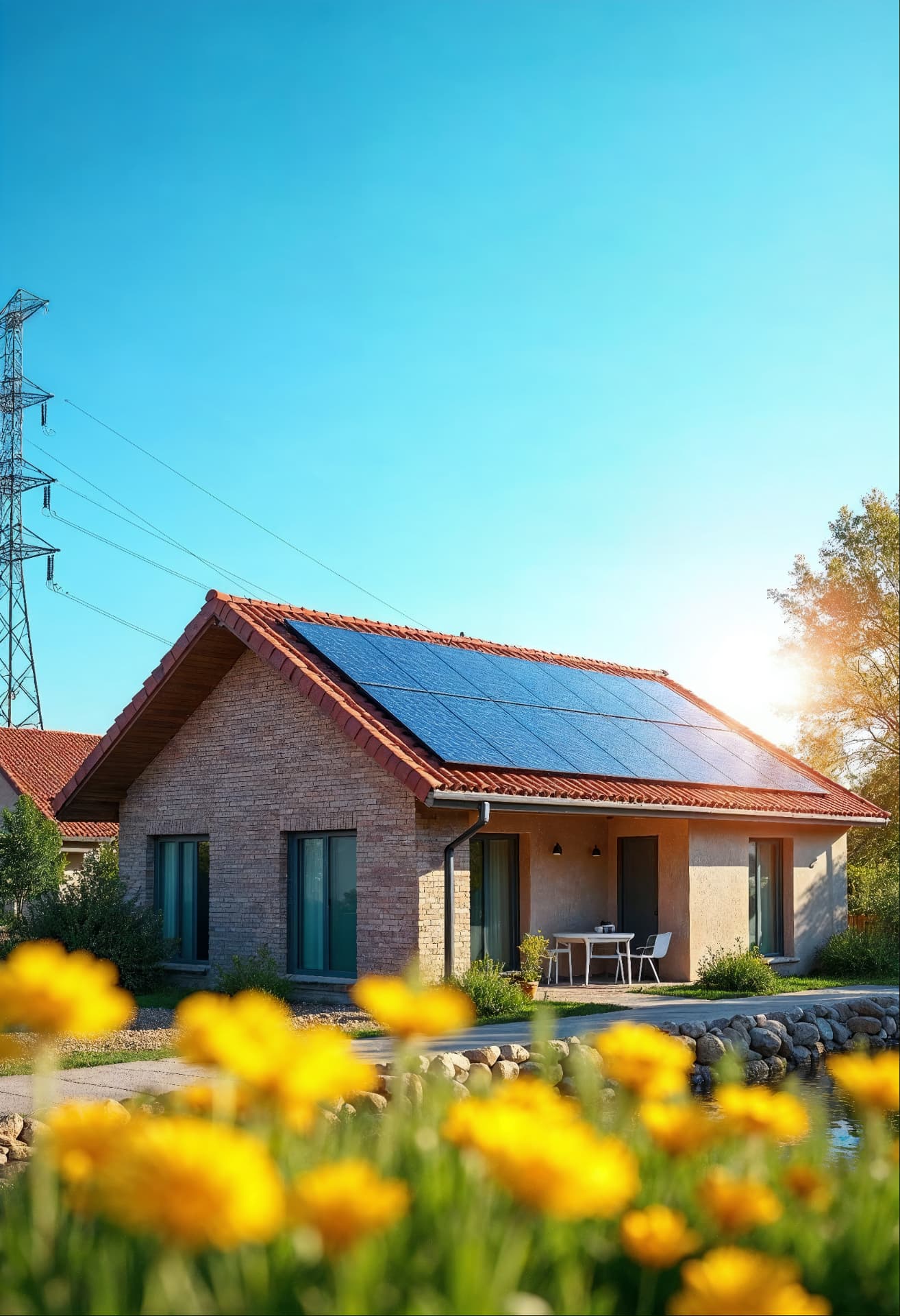Casa residencial com painéis solares instalados no telhado