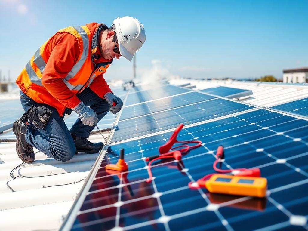 Manutenção de sistema fotovoltaico realizada por técnico